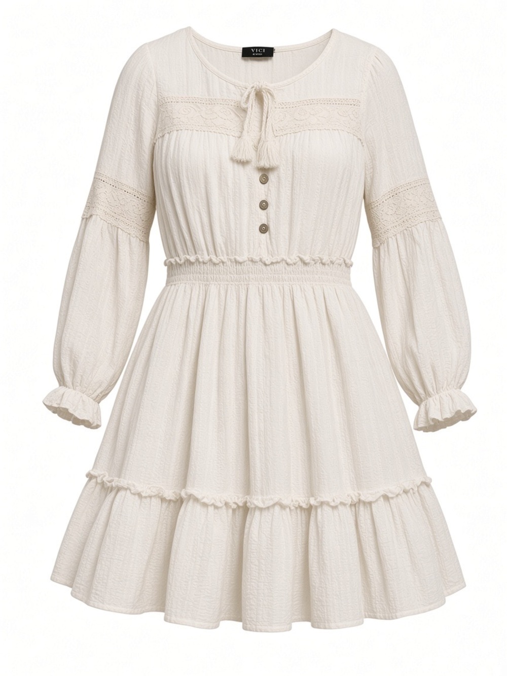 Vici Cream Tiered Long-Sleeve Boho Mini Dress